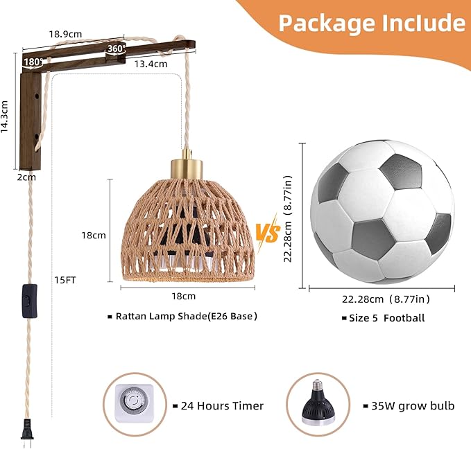 Hanging Grow Lights for Indoor Plants - 35W 4000K Full Spectrum Plant Light, Wall Mounted Grow Light with Wooden Bracket, Timer, 15FT Power Cord, Ideal for Plants, Flowers & Home Decor