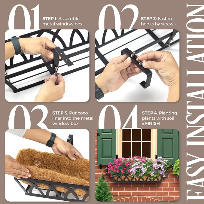 36IN Window Box Railing with Adjustable Brackets, Hanging Flower Planter Basket with Coco Liner for Outdoor Balcony Porch Fence Patio (Black - Set 2)