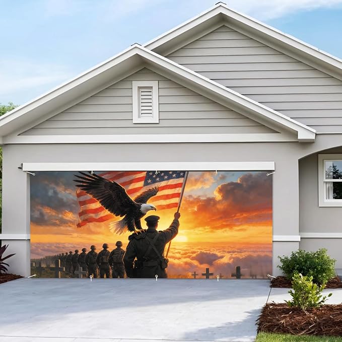 7 * 16FT Eagle USA Flag Military Memorial Day Garage Door Cover Decorations Independence Day Garage Door Banner for Outdoor Indoor Patriot Party Photography Backdrop