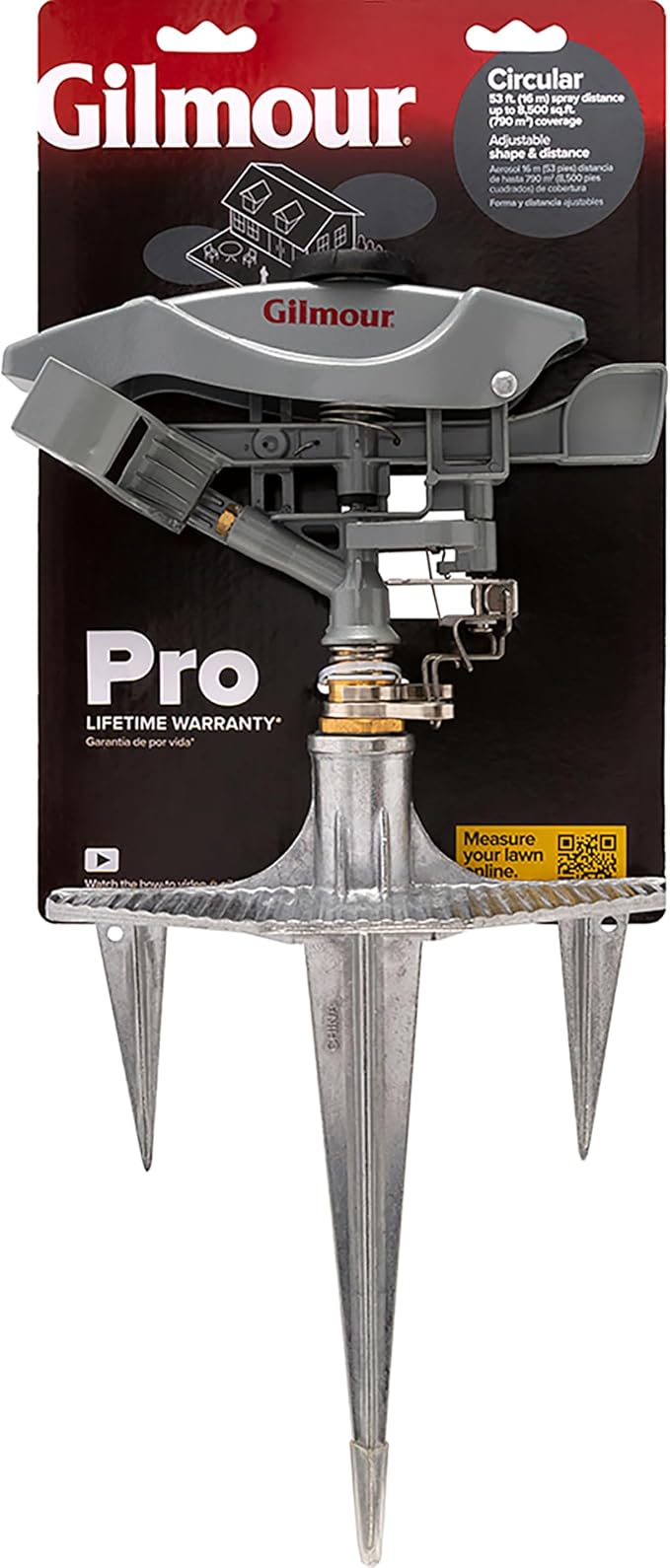 Gilmour Pro Heavy Duty Circular Water Sprinkler with Spike Base, Rotating Sprinkler Head with Adjustable Spray Pattern, Lawn Sprinkler for Large Area Coverage, Silver