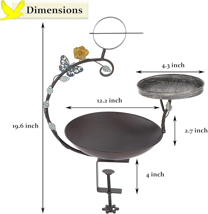 Deck Mounted Bird Bath, 2 in 1 Bird Feeder for Balcony with Fruit Spear, Railing Bird Feeder for Porch Patio Garden