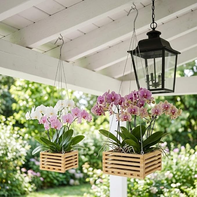 Wooden Orchid Baskets with Hangers for Epiphytes & Vandas, 6" & 8" Square Hanging Planter Set for Patio, Balcony Decor, Garden Flower Pots for Indoor Outdoor Plants, 2 Pack