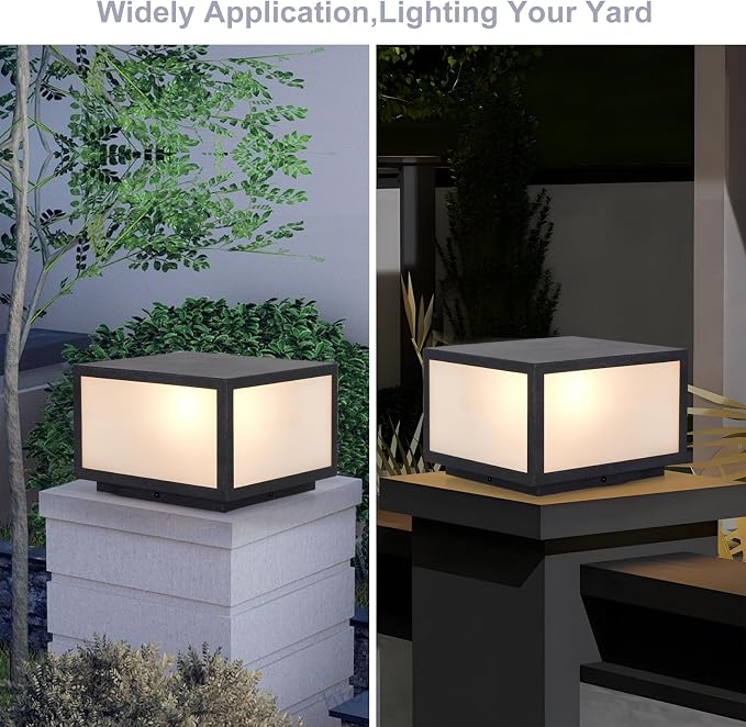 Outdoor Modern Post Light Hardwired,10" Square Metal Column Lights for Pier Mount & Flat Surface, IP65 Waterproof Sparkly Grey Stainless Steel Pillar Lamps for Patio Garden Driveway Deck Outside