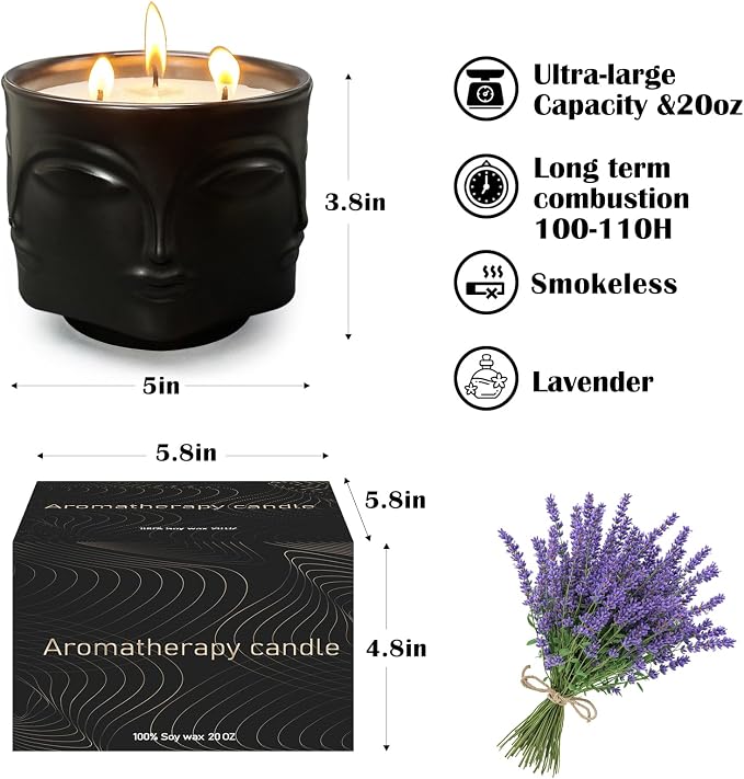 Strong Lavender 3 Wick Black Large Candle, 20oz, Ceramic, Outdoor Scented Candles, 100% Soy, for Home Scented, Yoga, Meditation, Patio, Table Decor, Beautiful Candle Jars