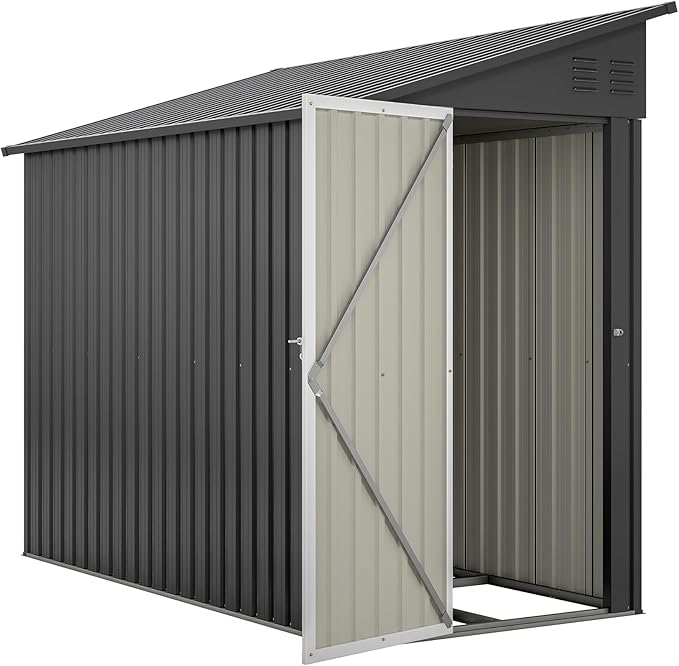 YOPTO 4×8 FT Lean to Metal Shed,Outdoor Heavy-Duty Storage Shed with Floor Base,All Weather Waterproof Garden Tool House W/Lockable Door&2 Air Vent,Reversible Door Design,for Backyard,Patio,Lawn,Black