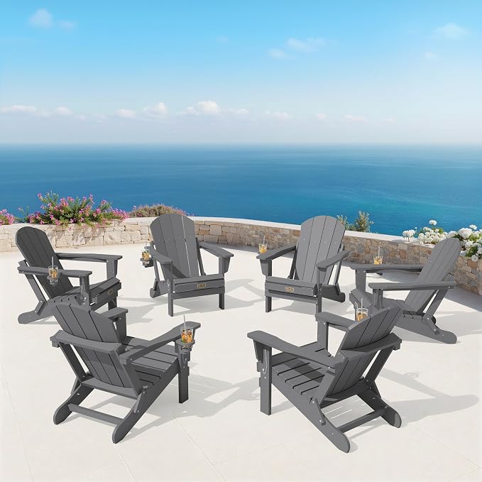 SERWALL Folding Adirondack Chair with Cup Holder Set of 6, Weather Resistant HIPS Lawn Chairs, Wooden Textured, Fire Pit Chairs for Backyard, Garden, Fire Pit- Gray