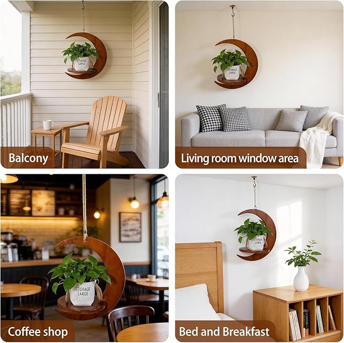 Tnstbiee Moon-Shaped Wooden Hanging Plant Stand,Nordic Modern Window Plant Shelf, Space-Saving Indoor Flower Holder for 3-5.5 Inch Pots,Aesthetic Hanging Plant Tray Decor,Gifts for Gardener & Mother