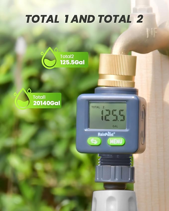 Rainpoint Water Flow Meter with Brass Inlet, 180°Screen-Flip Garden Hose Flow Meter, Measure up to 9999.9 Gallon/Liter Consumption & Flow Rate for RV, Garden Hose, Sprinkler & Nozzle Sprayer
