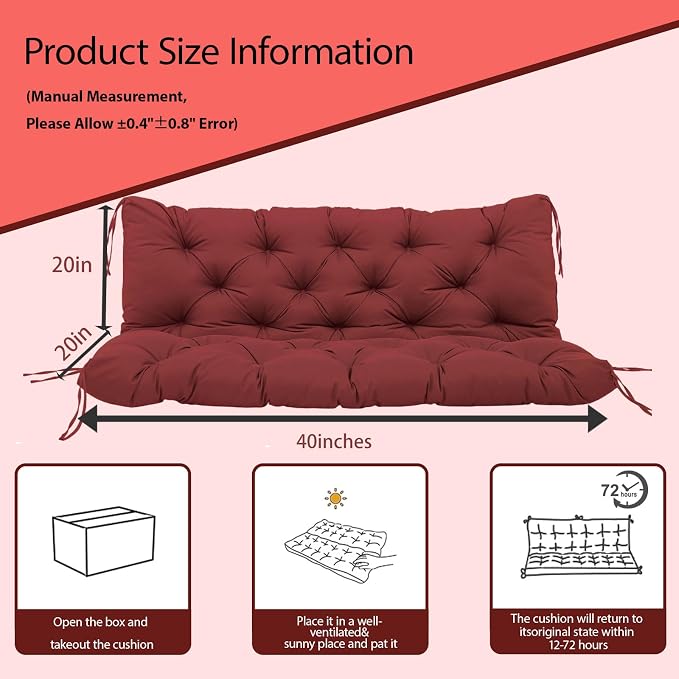 Porch Swing Cushions Outdoor, 5 Inch Thick Waterproof 2-3 Seater Replacement Swing Cushion with Backrest and Anti-Slip Ties, Perfect for Porch, Patio, Garden, Outdoor Bench Furniture, 40×40×5 Inch