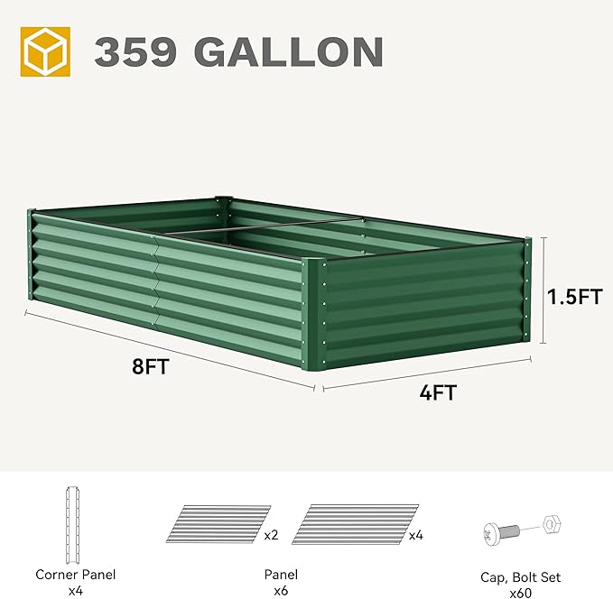 DWVO 2pcs 8 x 4 x 1.5 FT Raised Garden Bed Kit, Outdoor Galvanized Flower Bed with Safety Rubber and Gloves, Large Metal Planter Box for Vegetables, Flowers, Herbs, Fruits, Green