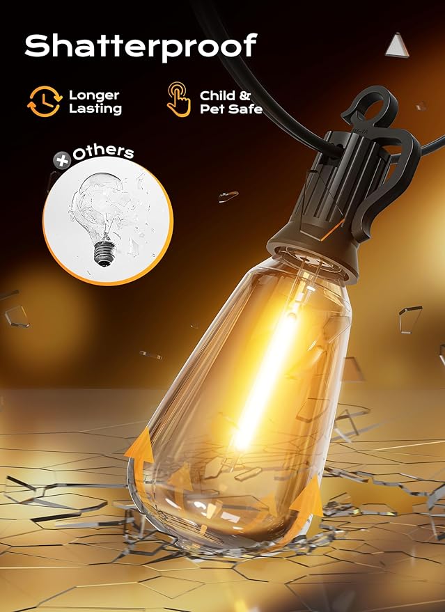 Brightown Outdoor String Lights, 50FT 25+2 LED ST38 LED Patio Lights Shatterproof, Dimmable IP65 Waterproof Connectable Hanging Outdoor Light for Backyard, Porch, Deck, Balcony