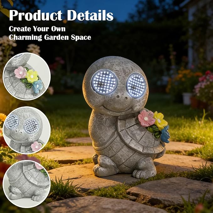 Outdoor Solar Garden Statue, Dynamic LED Light with Flower Sculpture, Art Decor for Patio Porch Lawn Backyard, Housewarming Gifts for Women (Stone Turtle)
