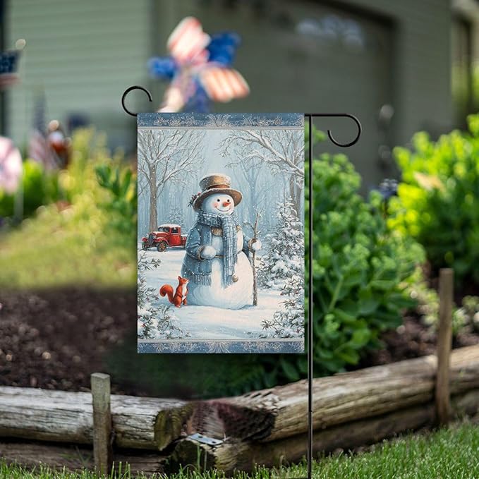 Pfrewn Christmas Winter Garden Flag 12x18 Double Sided Snowman Squirrel Snow Forest Small House Yard Flags Welcome Seasonal Outdoor Indoor Banner for Xmas Holiday Yard Home Decoration