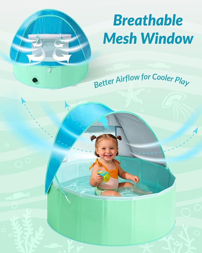 Hikiddy Foldable Kiddie Pool with Canopy: 31.5in/ 47in /63in for Baby Toddler Kids Family - Summer Water Play Pool with Shade - Portable for Outdoor Backyard Beach (Blue & Mint, 31.5in)