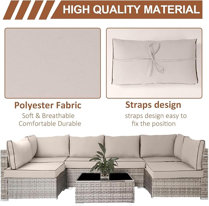 14 Piece Outdoor Furniture Replacement Cushions, Cover+Filling, 25.6" x 25.6" x 4" Foam Waterproof Outdoor Sofa Cushion Sets, Fit Wicker Rattan Sectional Conversation Set,Cream+Black Piping