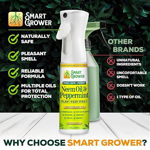 Neem Oil Spray for Plants with Peppermint Oil, Natural Plant Wash Made for Indoor and Outdoor Plants Smart Grower 10oz Easy Ready-to-Use Fine-Mist Premium Sprayer