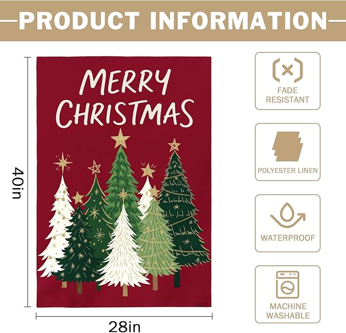 Merry Christmas House Flag 28x40 Inch Dark Red Green Xmas Tree Holiday Winter Decorative Garden Flags for Outside Double Sided Seasonal Outdoor Home Farmhouse Decoration Porch Yard New Year Decor