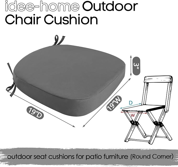 idee-home Outdoor Chair Cushions Set of 4, 19" x 19" x 3" Thick D-Shaped Patio Furniture Outdoor Seat Cushions Waterproof with Ties, Dining Pads