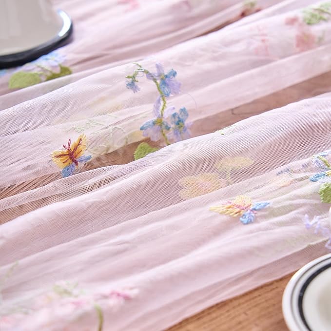 vctops 2 Packs Embroidery Lace Spring Table Runner 10ft Floral Garden Seasonal Tulle Table Runner Holiday Kitchen Dining Table Decoration for Wedding Party Baby Shower Birthday (Pink,30"x120")