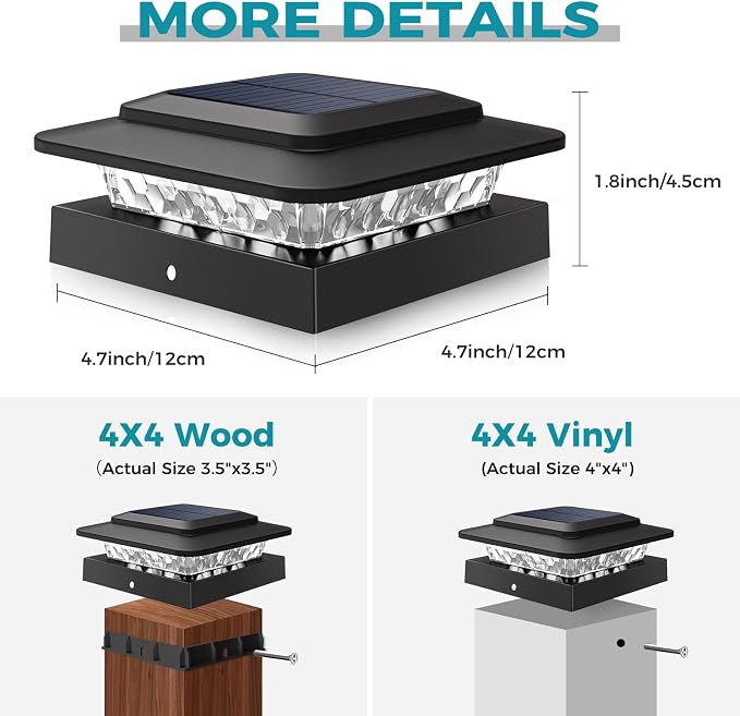 kolpop 4x4 Solar Post Cap Lights Outdoor 4Pack- 3 Color Temperatures& 2 Level Brightness, IP65 Waterproof, 16 LED Black Fence Deck Post Light Solar Powered Only for 4×4/3.5×3.5 Wood/Vinyl Posts