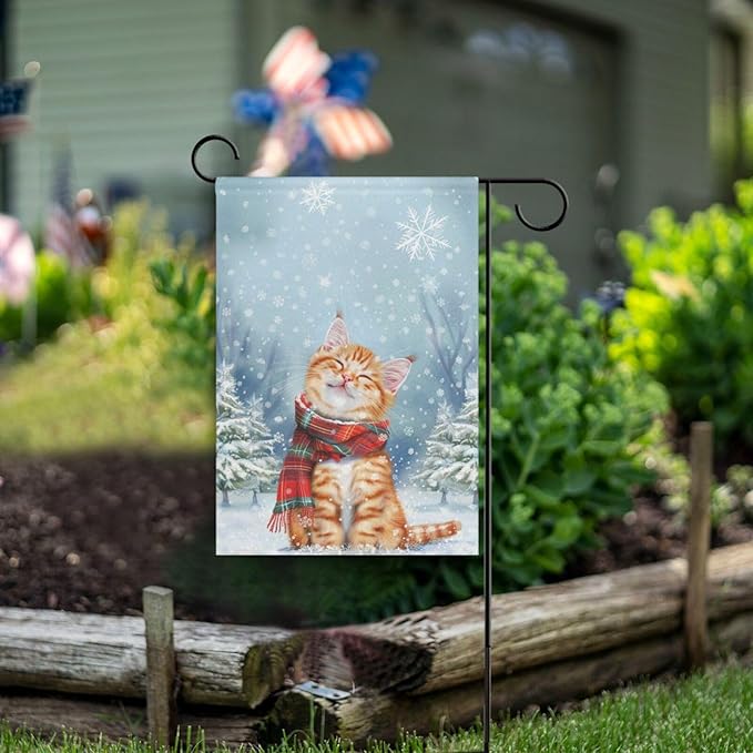 Pfrewn Christmas Winter House Flag 28x40 Double Sided Cute Cat Wearing Plaid Scarf Garden Yard Flags Welcome Winter Outdoor Indoor Banner for Party Home Merry Christmas Xmas Decorations