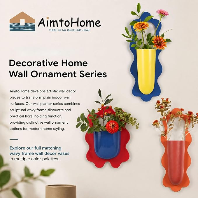 Wall Mount Flower Vase Detachable Metal Wall Plant Pot 2 Pack | Scalloped Wavy Border Wall-mounted Planter Modern Color Block Wall Decor Vase for Home Floral Display