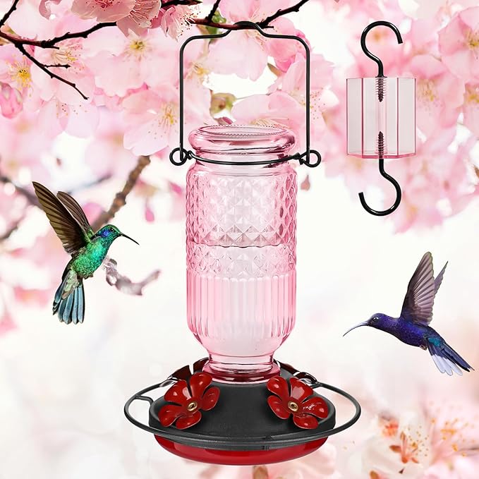 FEED GARDEN Glass Hummingbird Feeder for Outdoors, 16oz with Ant Moat, 4 Bee-Proof Ports, Leak-Proof, Easy to Clean, Pink