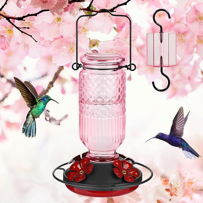FEED GARDEN Glass Hummingbird Feeder 16 Oz Pink + 20oz Red
