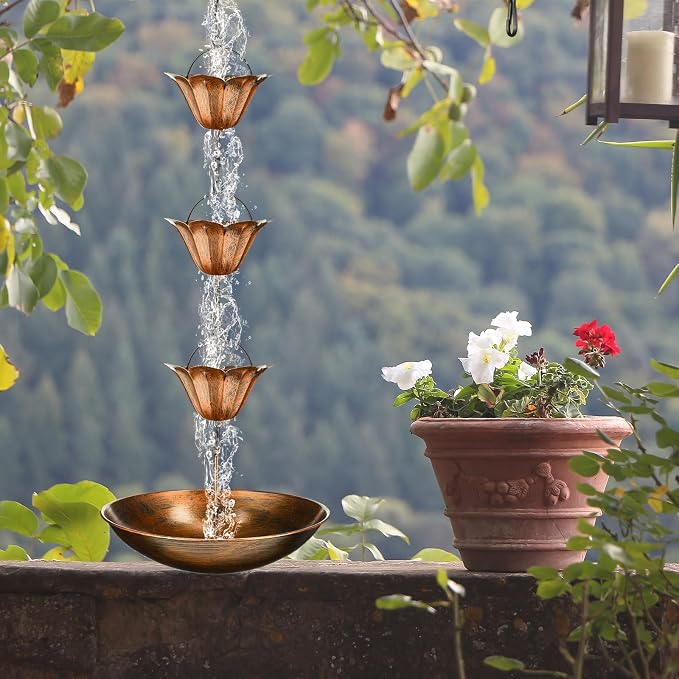 MorningRo Brass 8.5ft Rain Chains for Gutters Outside with Anchor Basin 12 Cups Rain Chain Catcher Downspout Replacement Adjustable Metal Garden Rainwater Divert for Eaves Drainage (Hummingbird)