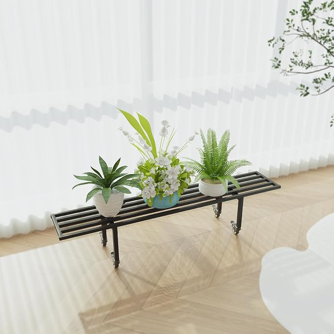 Zhongma One Tier Metal Plant Stand with Wheels,(45.67 L x 8.66 W x 10.3 H) Heavy Duty Plant Holder for Home, Window,Garden, Plant Lovers, Display Stand