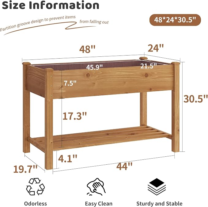 Raised Garden Bed with Legs Elevated Wooden Planter Box Stand Large Planter Stand Box for Fruits Vegetables Flowers with Divider with Bag - 48 * 24 * 30.5IN(Brown)