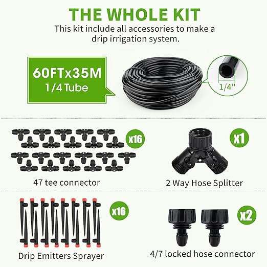 Insoma Locked Connect Drip DIY Irrigation Kit, 60ft Garden Drip Irrigation System, Automatic Micro Watering System with 4/7 inch Tubing Hose with Adjustable Nozzles for Garden Flower Bed Patio Lawn