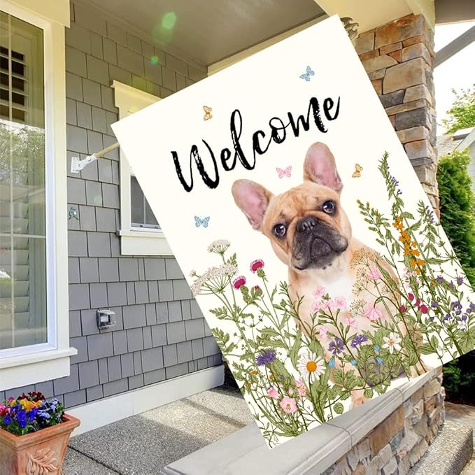 Floral French Bulldog Garden Flag Spring Summer House Flags 28 x 40 Double Sided Flower Dog Yard Flags for Outside Large Outdoor Welcome Flags