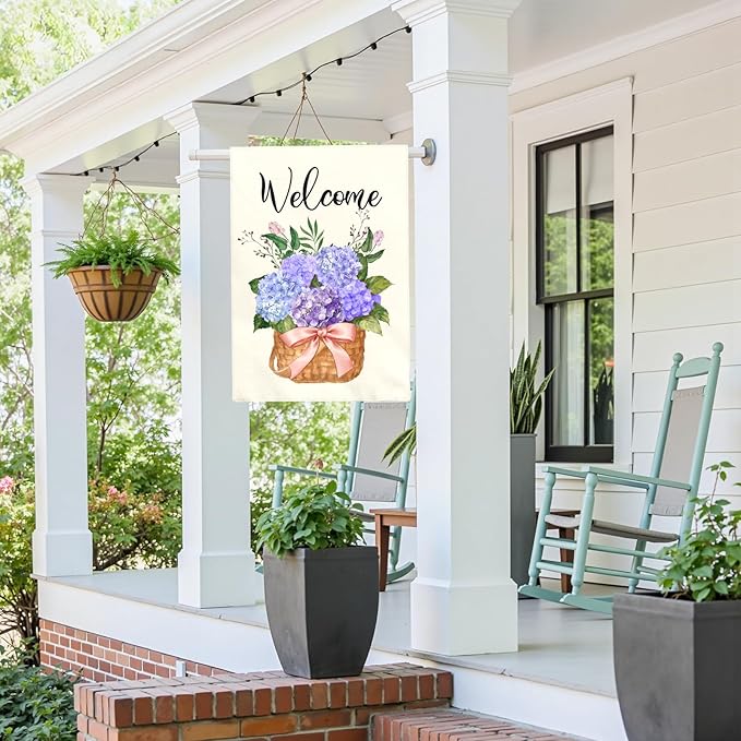 Hydrangea Welcome Garden Flag Large 28x40 Inch Spring Summer Watercolor Floral Outdoor House Banners Blue Purple Hydrangeas Basket Flowers Porch Yard Flags for Outside Seasonal Home Decor