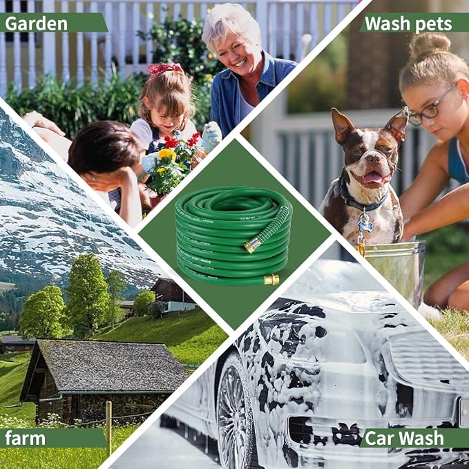 Guitrees 100FT 5/8 Heavy Duty Rubber Garden Hose - 300psi Working, 1000psi Burst - Hot/Cold Water - Five-Layered Braiding for Durability - Versatile for Gardening, Agriculture, Construction(Green)