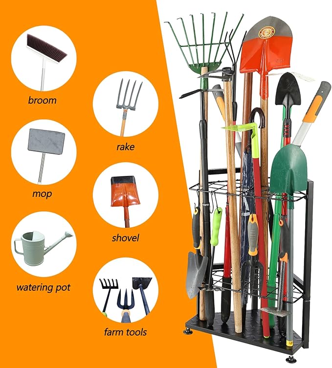 UU-Major Garden Tool Organizer,Yard Tool Rack Heavy Duty,Free Standing for Garage Corner,Garage Organization,Garage Organizers and Storage,Garden Tool Holder for Lawn,Shed,Outdoor,Metal