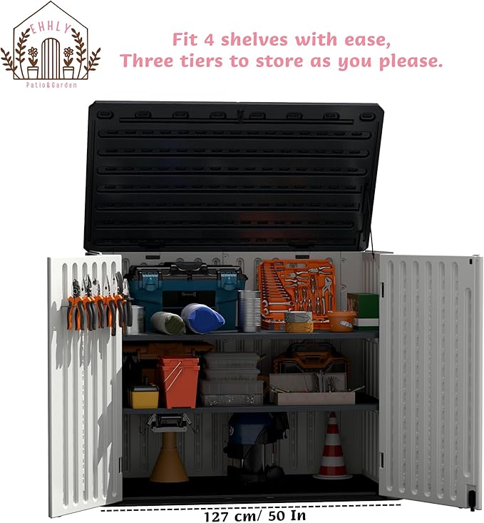 EHHLY 35 Cuft Outdoor Storage Shed Shelf(2 Shelves ONLY, No Cabinet), Outdoor Storage Cabinet Shelves for 4x2.5 Ft Shed, Horizontal Resin Storage Shed Accessories, Dark Grey