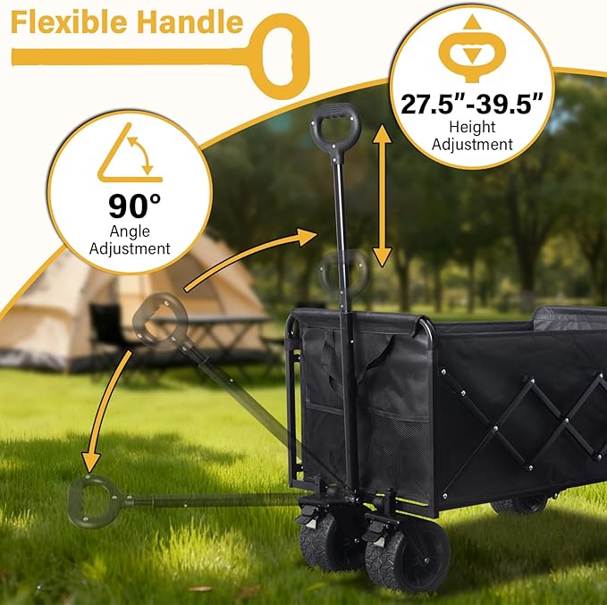 Foldable Wagon Cart with Wheels, Heavy Duty Collapsible Wagon, 600 lbs Capacity, 220L Large Capacity Utility Wagon, Dual Brakes & All-Terrain Wheels for Groceries, Beach, Camping, Apartment Moving
