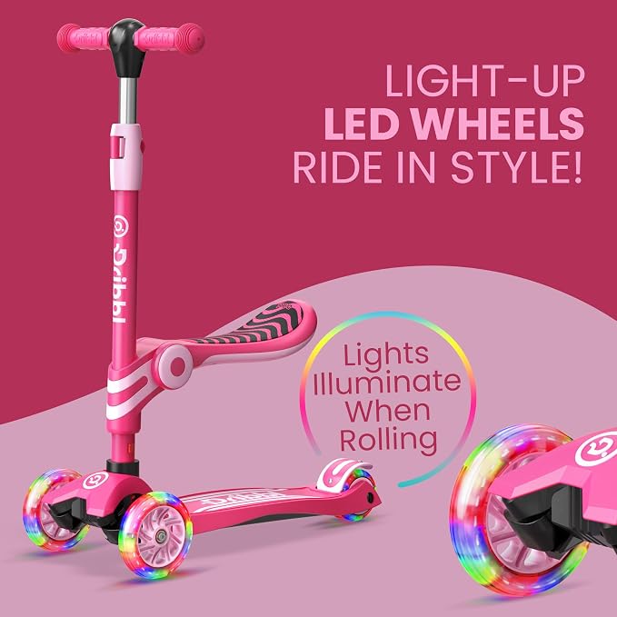 Pink 3 Wheel Scooter with Seat for Kids, Light-Up Wheels, Adjustable Lean to Steer Handlebar and Seat, Smooth Wheels, Wide No-Slip Deck, Rear Foot Brake, Toddler Outdoor Toys for Ages 2+