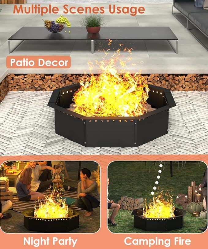 Mocomax Smokeless Fire Pit Ring 32-Inch Outer 28-Inch Inner Diameter, Large Solid Steel Firepit Liner for Outside Wood Burning, DIY Campfire Ring Above or In-Ground for Outdoor, Octagonal