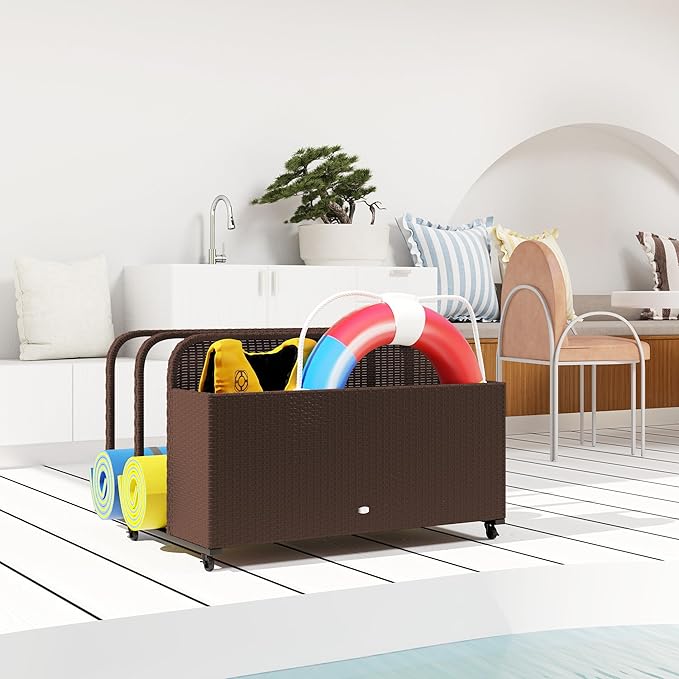 Outsunny Wicker Patio Pool Float Storage Basket, PE Rattan Outdoor Pool Caddy with Rolling Wheels for Floaties, Noodles, Life Vests, Beach Balls, Patio Furniture, Brown