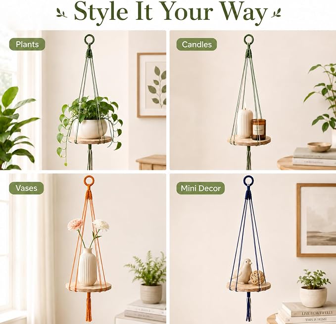 Artilady 3 Pack Hanging Planter with Wood Shelf, Macrame Plant Hanger for Indoor Boho Plants Basket Holder for Window Balcony Kitchen