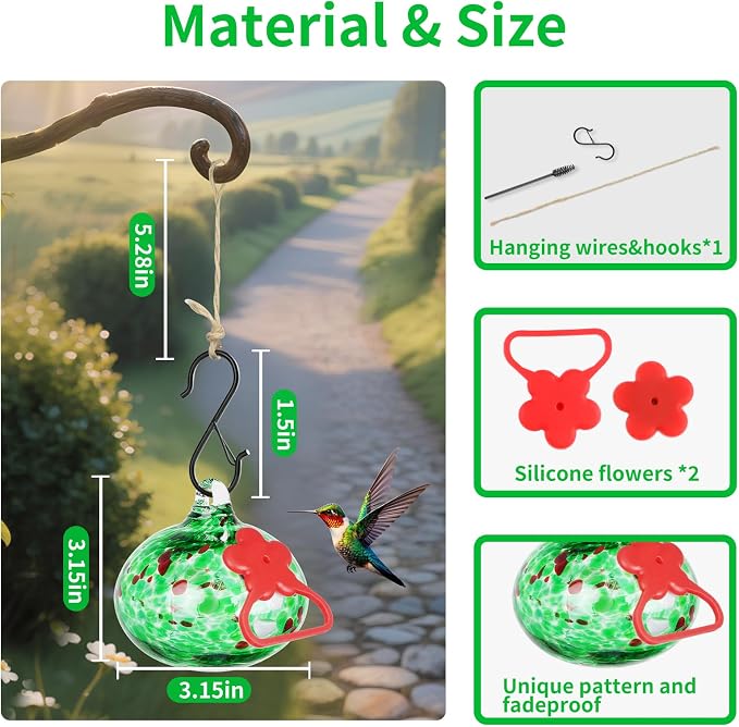Pozfun Small Hummingbird Feeders for Outdoors Hanging,Hand-Blown Glass Hummingbird Feeder with Silicone Feeding Perch,Never Leak,Gardening Gifts for Woman Man(Green)