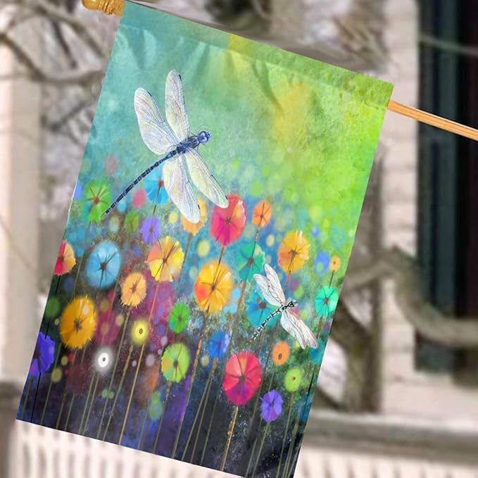 Spring Flower Garden Flag Dragonfly flags Welcome Summer House Flag for Outdoors 28 x 40 Double Sided Large Decorative Flag