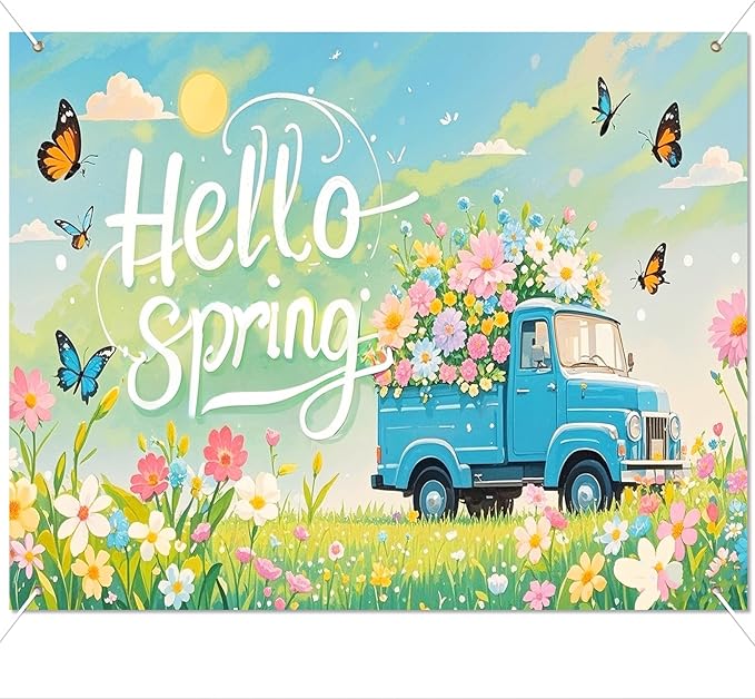BlissYard Hello Spring Backdrop Decoration Garden Floral Banner 8x6ft Spring Photo Backdrop Vintage Truck Background for Spring Party Easter Celebration Photo Booth Event Wall Display