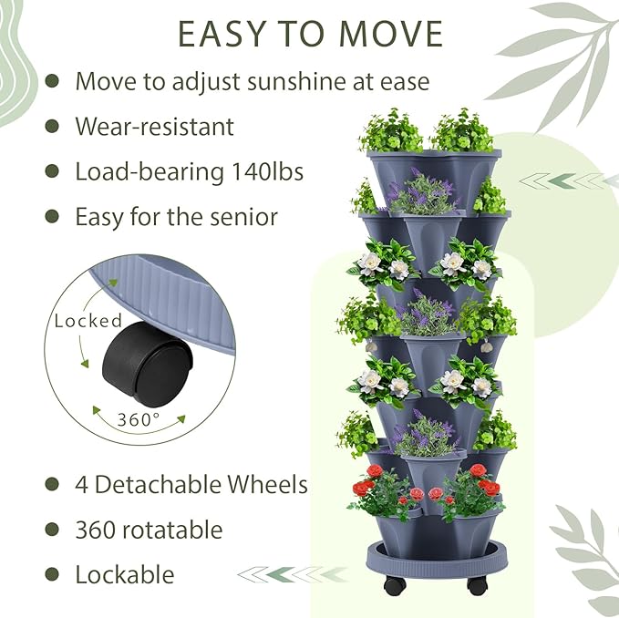 Umigy 1 Set Dark Gray 7 Tier Vertical Planter Stackable Tower Planters Strawberry Herb Flower and Vegetable Pots Indoor Outdoor Gardening Pots with Removable Wheels and Tools