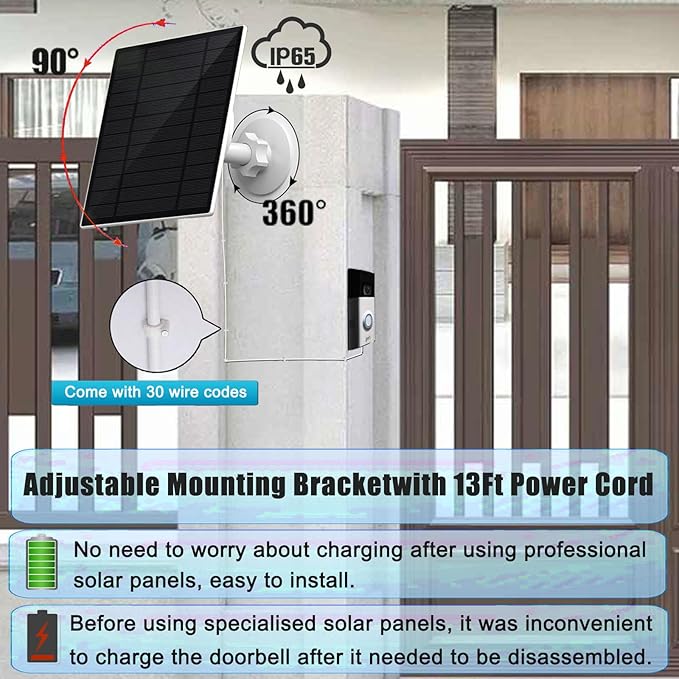 3W/5V Solar Panel with Built-in 4000mAh Battery,USB-C Port,IP65,13.2ft/4m Charging Cable,Perfect Compatibility with Ring Battery Doorbell (2024 Release),no Need to Remove Stand (USB-C)