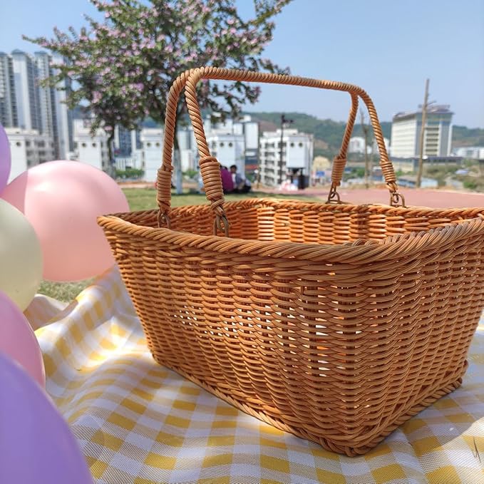 Picnic Basket, Garden Harvest Basket, Wicker Shopping Baskets with Foldable Handles, Reusable Handwoven Market Baskets for Carrying Shopping Storage Gathering (Brown, Rectangle)