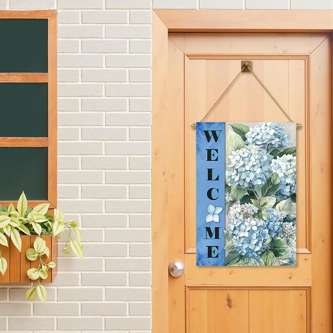 Hydrangea Garden Flags Welcome Spring Summer House Banners Blue Floral Oversized Yard Flag for Outside Double Side Purple Hydrangeas Flowers Rustic Banner Decor Large Size 28 x 40 Inch