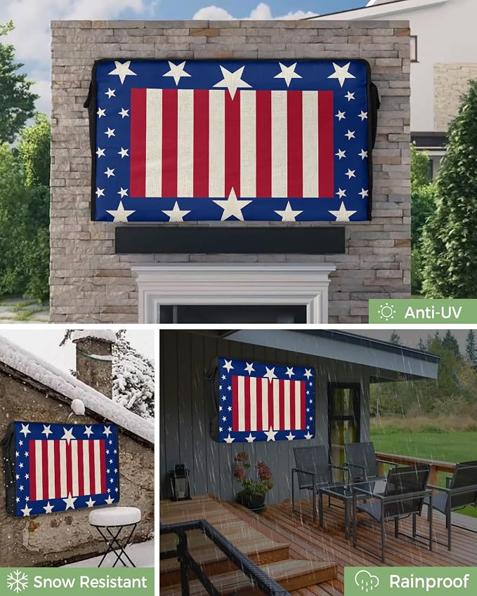 T&H XHome Outdoor TV Cover - USA Flag 4th of July Stars Blue White Red Stripe Retro Waterproof and Weatherproof 48"-50" LCD Movable Shield TV Display Screen Protector Outside Television Covers